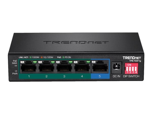 TRENDnet TPE-TG51g - Switch - ikke-styrt - 4 x 10/100/1000 (PoE+) + 1 x 10/100/1000 - stasjonær, veggmonterbar - PoE+ (60 W) - TAA-samsvar