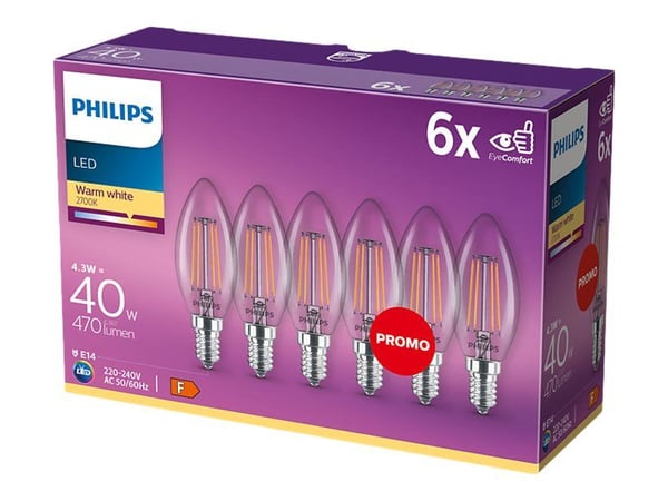 Philips - LED-filamentlyspære - form: B35 - klar finish - E14 - 4 W (ekvivalent 40 W) - klasse F - varmt hvitt lys - 2700 K (en pakke 6)