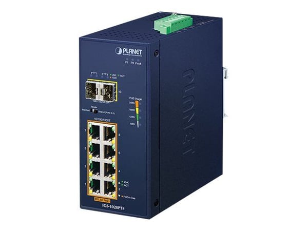 PLANET IGS-1020PTF - Switch - ikke-styrt - 8 x 10/100/1000 (PoE+) + 2 x Gigabit SFP - DIN-skinnemonterbar, veggmonterbar - PoE+ (240 W) - DC-strøm