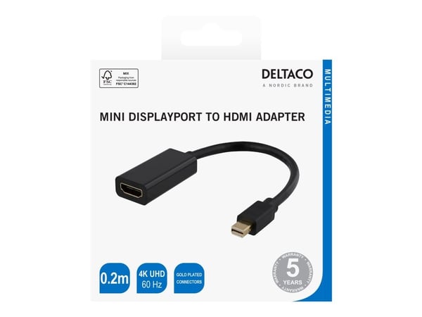 DELTACO - Videokort - Mini DisplayPort hane till HDMI hona - 20 cm - svart - 4K60Hz (3840 x 2160) stöd