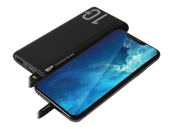 Silicon Power QP15 - Strømbank - 10000 mAh - 18 watt - 3 A - PD, QC 3.0 - 3 utgangskontakter (2 x USB, USB-C) - svart