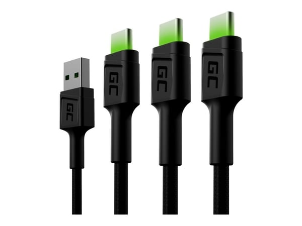 Green Cell GC Ray - USB-kabel - USB (hann) til USB-C (hann) grønn LED-belysning - 1.2 m - svart (en pakke 3)