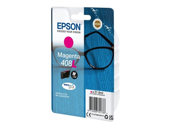 Epson Singlepack Magenta 408L DURABrite Ultra Ink, Korkea (XL) värintuotto, Magenta, Väriainepohjainen muste, 21,6 ml, 1 kpl, Kertapakkaus