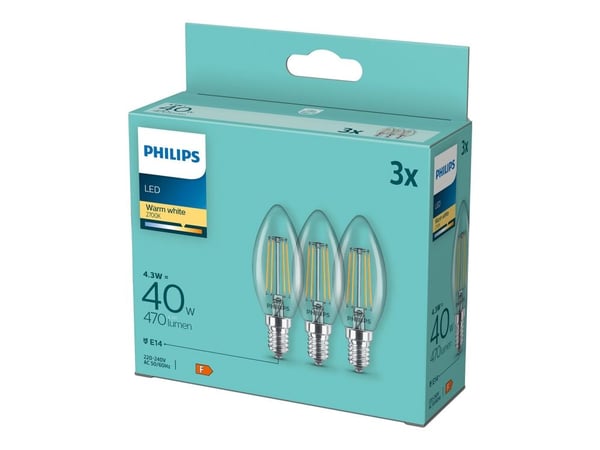 Philips - LED-filamentlyspære - form: B35 - klar finish - E14 - 4.3 W (ekvivalent 40 W) - klasse F - varmt hvitt lys - 2700 K (en pakke 3)