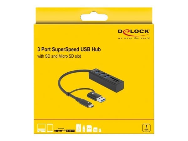 Delock - Hub - 3 x USB 3.2 Gen 1 + 1 x USB-C 3.2 Gen 1 - stasjonær