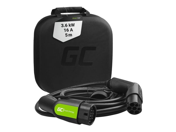 Green Cell EV latauskaapeli tyyppi 2 pistoke - 1 vaihe, 16A - Jopa 3,6 kW - 5 metriä.