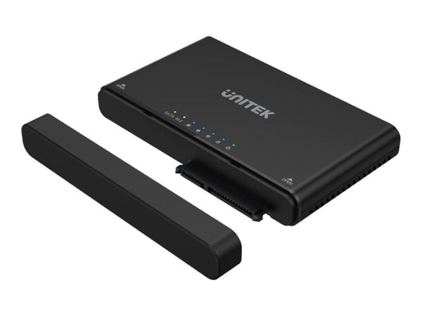 Unitek SolidForce+ - Förvaringslåda - M.2, 2,5 tum/3,5 tum delad - SATA 6Gb/s / PCIe 3.0 x2 (NVMe) - USB 3.2 (Gen 2) - svart
