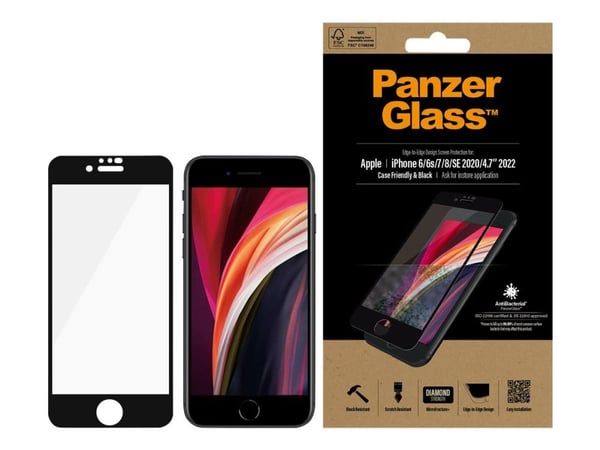 PanzerGlass™ | Case-Friendly - Skærmbeskytter for mobiltelefon - Edge-to-Edge passform - rammefarve sort | Apple iPhone 6, 6s, 7, 8, SE (2. generas...