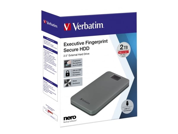 Verbatim Executive Fingerprint Secure - Kiintolevy - krypteret - 2 TB - ekstern (bærbar) - USB 3.2 Gen 1 (USB-C stikforbindelse) - 256-bit AES