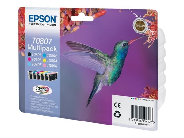 Epson Hummingbird Monipakkaus, 6 väriä T0807 Claria Photographic -muste, musta, Syaani, Vaalea syaani, Vaalea Magenta, Magenta, Keltainen, 1 kpl, M...