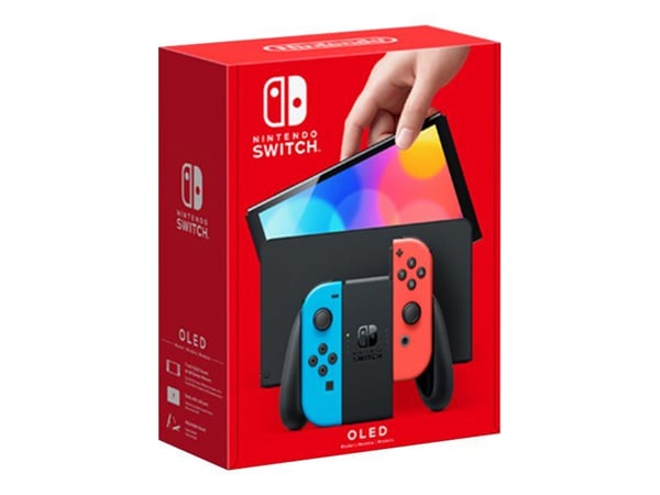 Nintendo Switch OLED - Spillkonsoll - Full HD - 64GB - Hvit / Sort - Opptil 9 timers batterilevetid - Inkl. 2 x Joy-Con (neonrød / neonblå)