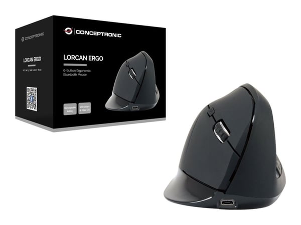 Conceptronic LORCAN03B ERGO - Vertikal mus - ergonomisk - høyrehendt - optisk - 6 knapper - trådløs - Bluetooth 5.2 - svart