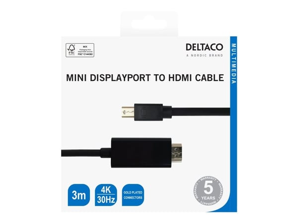 DELTACO - Adapterkabel - Mini DisplayPort hann til HDMI hann - 3 m - svart - 4K 30Hz støtte