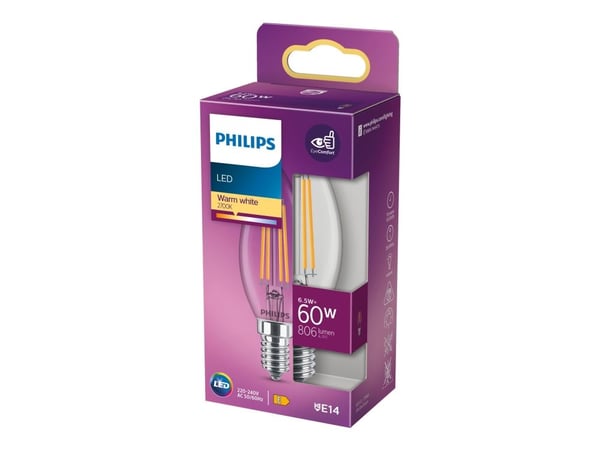 Philips LED - LED-lyspære - form: stearinlys - E14 - 6.5 W (ekvivalent 60 W) - klasse E - varmt hvitt lys - 2700 K - blank