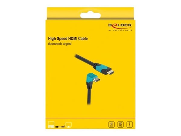 Delock - Høyhastighets - HDMI-kabel - HDMI-han rett til HDMI-hann vinklet nedover - 3 m - svart, turkis - Dolby DTS-HD Master Audio-støtte, Dolby T...