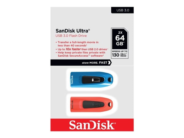 SanDisk Ultra, 64 GB, USB A-tyyppi, 3.2 Gen 1 (3.1 Gen 1), 130 MB/s, Liuku, Sininen, Punainen