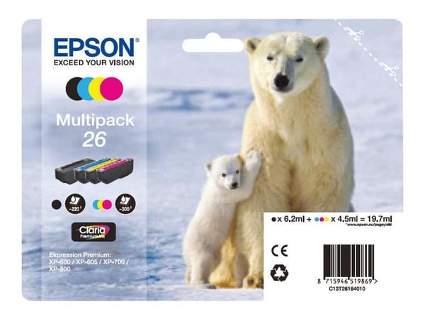 Epson Polar bear Monipakkaus, 4 väriä 26 Claria Premium -muste, musta, Syaani, Magenta, Keltainen, Väriainepohjainen muste, Väripohjainen muste, 6,...