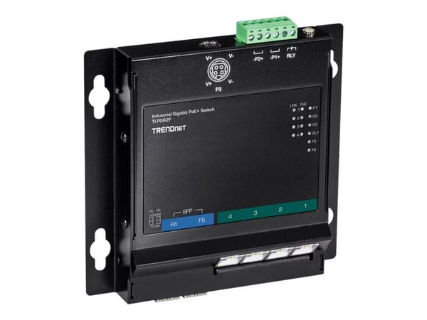 TRENDnet TI-PG62F - Switch - ikke-styrt - 4 x 10/100/1000 (PoE+) + 2 x Gigabit SFP - DIN-skinnemonterbar, veggmonterbar - PoE+ (120 W) - TAA-samsvar