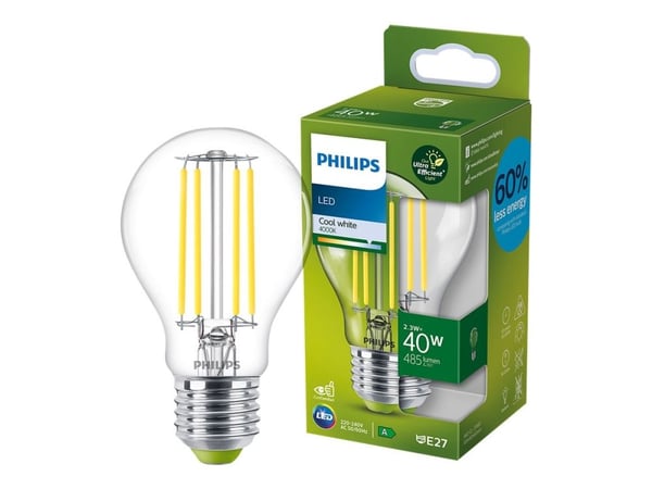 Philips - LED-filamentlyspære - form: A60 - klar finish - E27 - 2.3 W (ekvivalent 40 W) - klasse A - kjølilg hvitt lys - 4000 K