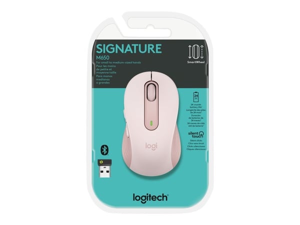 Logitech Signature M650 - Mus - optisk - 5 knapper - trådløs - 2.4 GHz, Bluetooth - Logitech Logi Bolt USB-mottaker - rosa