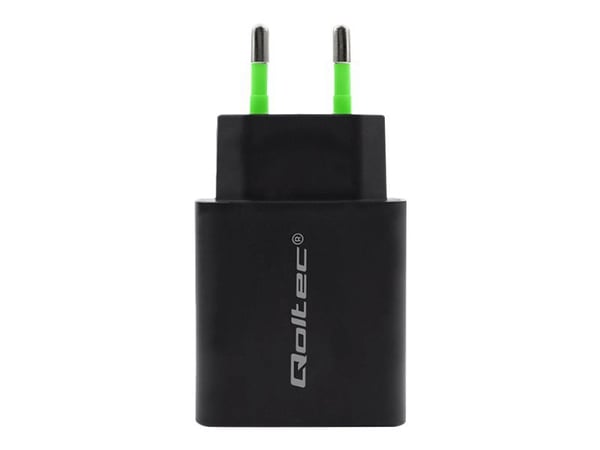 Qoltec Mains charger - Strømadapter - 18 watt - 3 A - PD, QC 3.0 (USB, USB-C) - svart