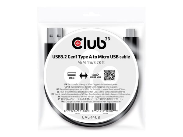 Club 3D - USB-kaapeli - USB tyyppi A (uros) - Micro-USB tyyppi B (uros) - USB 3.2 Gen 1 - 2,4 A - 1 m - kaksisuuntainen