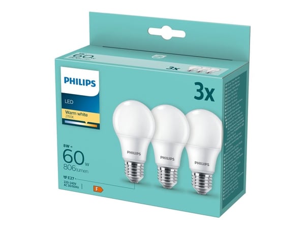 Philips LED - LED-lyspære - form: A60 - mattslipt finish - E27 - 8 W (ekvivalent 60 W) - klasse F - varmt hvitt lys - 2700 K (en pakke 3)