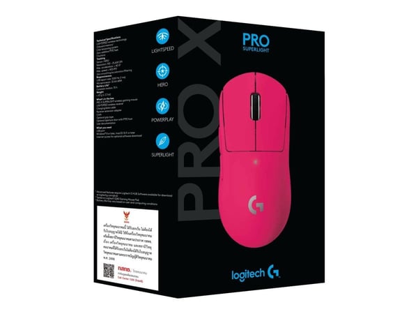 Logitech PRO X SUPERLIGHT trådløs spillmus - Mus - Optisk - 5 knapper - Trådløs - LIGHTSPEED - Logitech LIGHTSPEED-mottaker - Magenta
