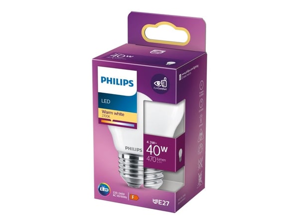 Philips - LED-lyspære - form: P45 - mattslipt finish - E27 - 4.3 W (ekvivalent 40 W) - klasse F - varmt hvitt lys - 2700 K
