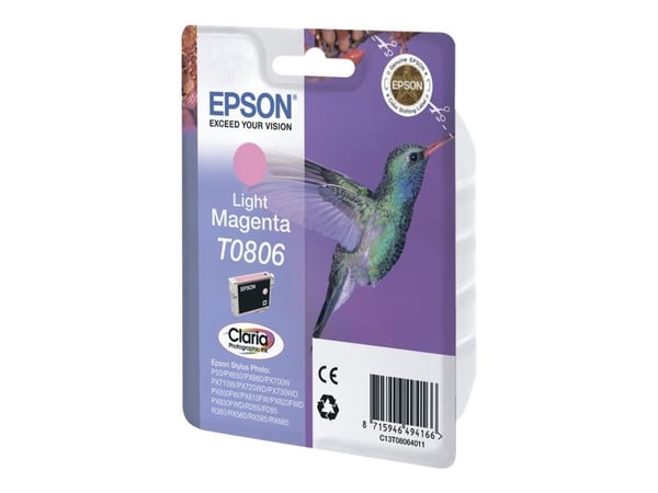 Epson Hummingbird Yksittäispakkaus, vaalea magenta T0806 Claria Photographic -muste, Väriainepohjainen muste, 7,4 ml, 1 kpl