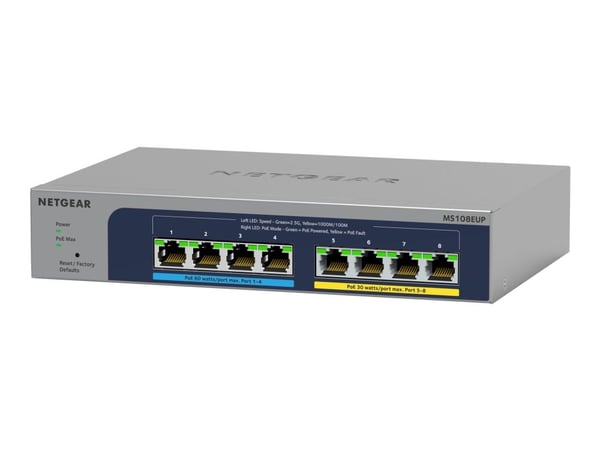 NETGEAR Plus MS108EUP - Switch - Styrt - 4 x 100/1000/2.5G (PoE++) + 4 x 100/1000/2.5G (PoE+) - stasjonær, veggmonterbar - PoE++ (230 W)
