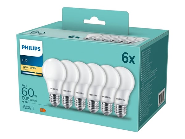 Philips - LED-glödlampa - form: A60 - glaserad finish - E27 - 8 W (motsvarande 60 W) - klass F - varmt vitt ljus - 2700 K - matt (paket om 6)