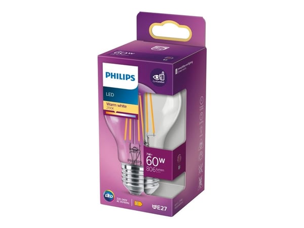 Philips - LED-lyspære - klar finish - E27 - 7 W (ekvivalent 60 W) - klasse E - varmt hvitt lys - 2700 K