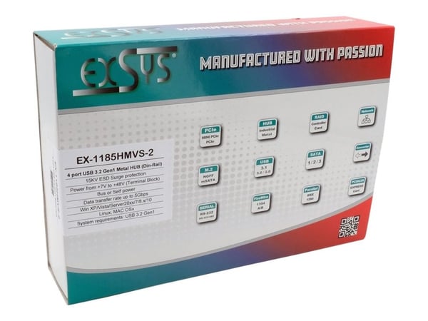 Exsys EX-1185HMVS-2 - Hub - 4 x USB 3.2 Gen 1 - DIN-skinnemonterbar - DC-strøm