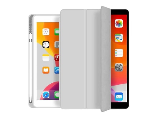 eSTUFF Pencil case - Skjermdeksel for nettbrett - polyuretanlær, termoplast-polyuretan (TPU) - grå - 9.7" - for Apple 9.7-inch iPad (5. generasjon,...