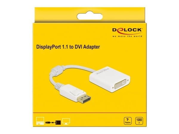 Delock - Video adapter - DisplayPort (hann) låst til DVI-I (hunn) skrubar - DisplayPort 1.1 - 15 cm - passiv, 1080p støtte 60 Hz - hvit