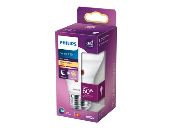 Philips Sensor LED - LED-lyspære - form: A60 - mattslipt finish - E27 - 7.5 W (ekvivalent 60 W) - klasse F - varmt hvitt lys - 2700 K