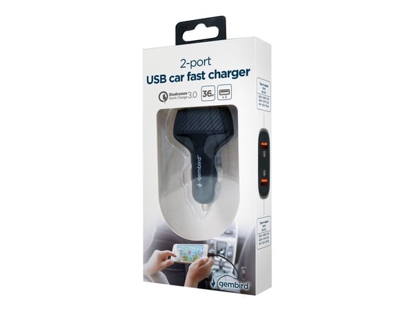 Gembird - Bilstrømadapter - 36 watt - 3 A - QC 3.0 - 2 utgangskontakter (2 x USB) - svart