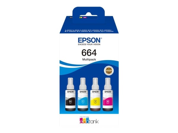 Epson EcoTank 664 - 4 pakker - svart, gul, cyan, magenta - original - blekkpåfylling - for Epson L380, L395, L495; EcoTank ET-2650, L1455, L656; Ec...