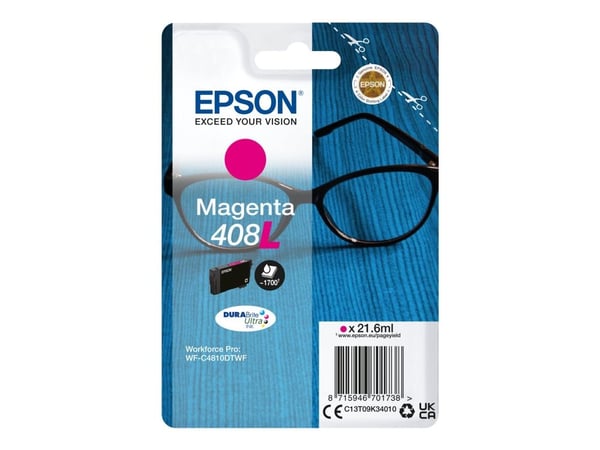 Epson Singlepack Magenta 408L DURABrite Ultra Ink, Korkea (XL) värintuotto, Magenta, Väriainepohjainen muste, 21,6 ml, 1 kpl, Kertapakkaus