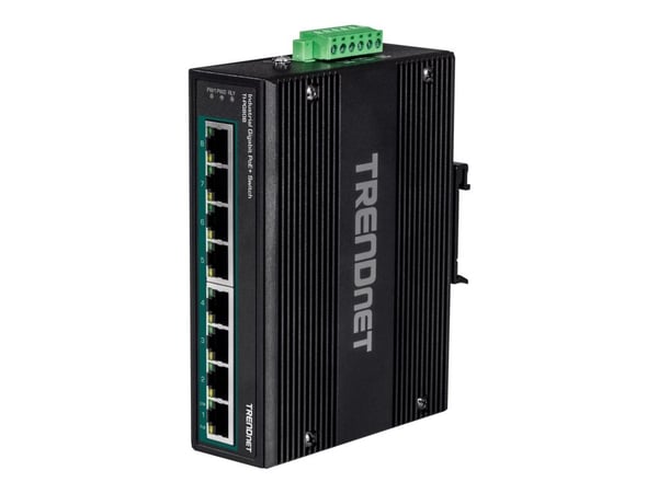 TRENDnet TI-PG80B - Switch - ikke-styrt - 8 x 10/100/1000 (PoE+) - DIN-skinnemonterbar, veggmonterbar - PoE+ (200 W) - DC-strøm - TAA-samsvar