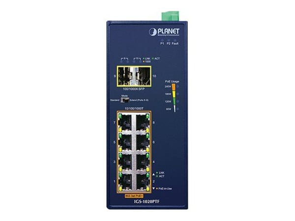 PLANET IGS-1020PTF - Switch - ikke-styrt - 8 x 10/100/1000 (PoE+) + 2 x Gigabit SFP - DIN-skinnemonterbar, veggmonterbar - PoE+ (240 W) - DC-strøm