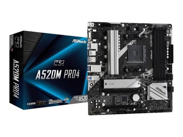 ASRock A520M Pro4 - Hovedkort - micro ATX - Socket AM4 - AMD A520 Chipset - USB 3.2 Gen 1, USB-C Gen1 - Gigabit LAN - innbygd grafikk (CPU kreves) ...