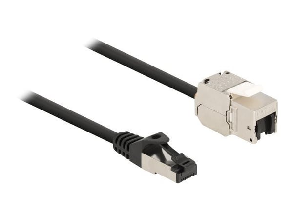 Delock - Nettverkskabel - RJ-45 (hann) til RJ-45 (hunn) nøkkelsky - 25 cm - S/FTP - CAT 6a - med støvel, uten hindringer - svart