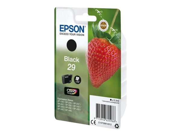 Epson Strawberry Singlepack Black 29 Claria Home Ink, Perusvärintuotto, Musta, Väriainepohjainen muste, 5,3 ml, 1 kpl, 175 sivua