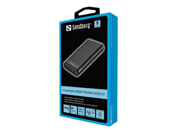 Sandberg - Strømbank - 20000 mAh - 74.4 Wh - 3.25 A - QC 3.0, PD - 3 utgangskontakter (2 x USB, USB-C) - på kabel: USB-C