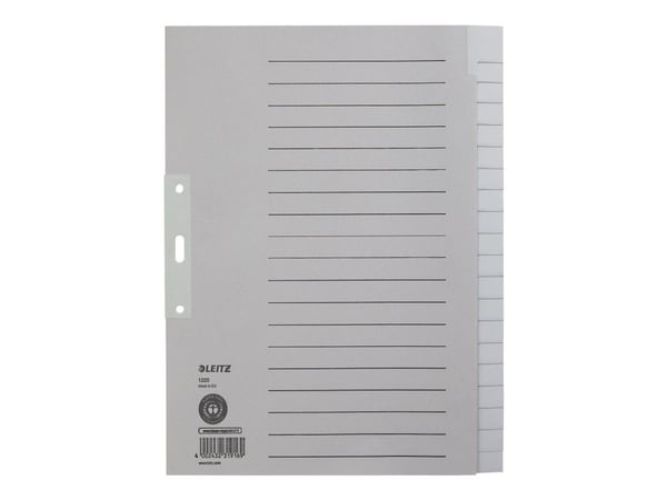LEITZ duggpapirmapper, blanke, A4 overstørrelse, 20-delt grå, 100 g/m², perforering: 80 mm, med hullforsterkning av (1220-00-85)