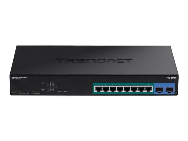 TRENDnet TPE-1021WS - Switch - smart - 8 x 10/100/1000 (PoE+) + 2 x 10/100/1000/SFP - stasjonær, rackmonterbar - PoE+ (130 W) - TAA-samsvar