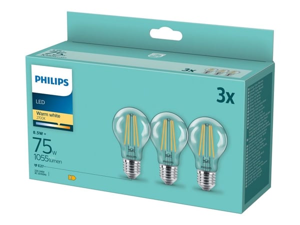 Philips Hehkulankalamppu, kirkas 75W A60 E27 x3, 8,5 W, 75 W, E27, 1055 lm, 15000 h, Lämmin valkoinen