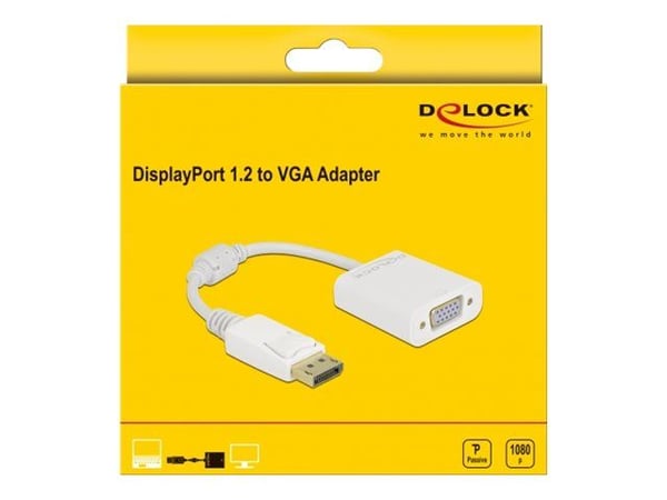 Delock - Video adapter - DisplayPort (hann) låst til HD-15 (VGA) (hunn) skrubar - DisplayPort 1.2 - 15 cm - passiv, 1080p støtte 60 Hz - hvit